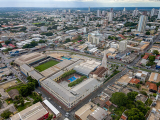 Aerial city scape central church in summer in Cuiaba Mato Grosso