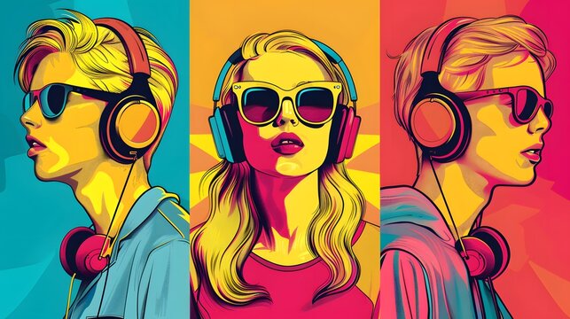 Pop art retro style pretty blonde young people wearing headphones and sunglasses on vibrant colorful background.