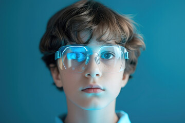A face of a boy wearing smart glasses