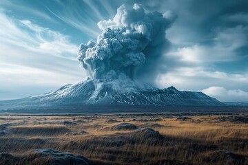 A towering plume of smoke billowing from an erupting volcano in Iceland, showcasing natures raw power. - obrazy, fototapety, plakaty