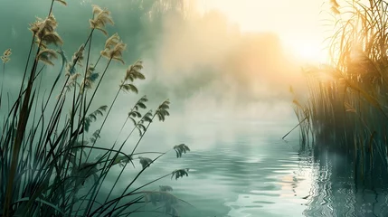  Beautiful serene nature scene with river reeds fog and water © Ziyan