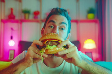A man enjoys a hamburger in a cozy bedroom setting.