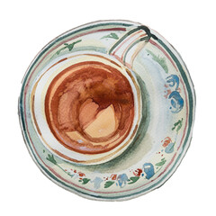 A cup of tea illustration. Breackfast tea watercolor painting isolated on white.