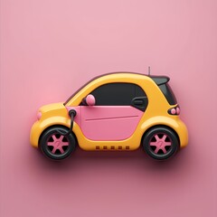 A yellow and pink toy car is placed on a pink background.