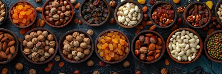 Fotobehang Assorted nuts and dried fruit. Organic food in wooden bowls. © Lubos Chlubny