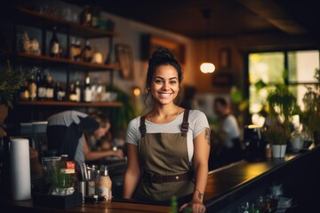Smiling waitress in an apron standing at a wooden bar in a warm, cozy cafe