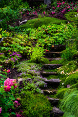 Grand Métis, Canada - August 16 2018: Flowers and stepway in Reford Garden in Gaspesie