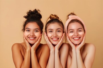 Three young women posing for a picture, doing face building exercises, looking confident and stylish.