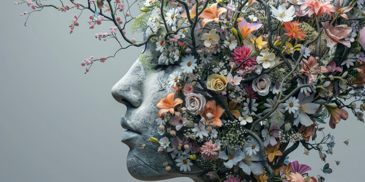 statue of a person in blooming flowers 3d art with free space on gray background isolated 
