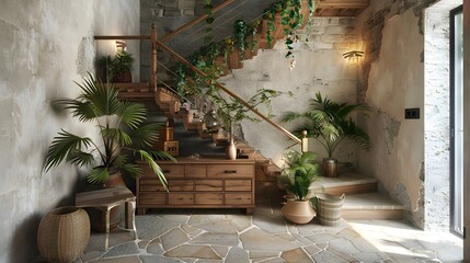 Fototapeta na wymiar Boho interior design of modern entrance hall with wooden staircase and rustic decor pieces, handcrafted wooden furniture under the stair, welcoming hallway on vintage stone wall background. 