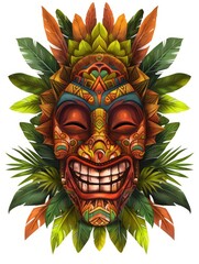Illustration of a tropical Tiki mask. Symbol of a wild tribe in the jungle on white background.