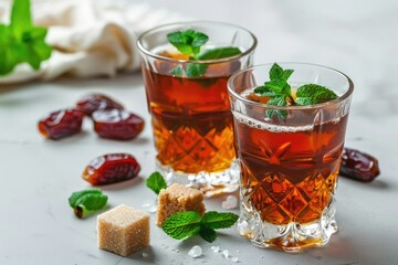 Moroccan tea in traditional glasses with mint, dates and sugar