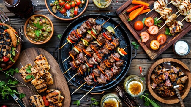 Dinner table with grilled lamb kebab, chicken skewers with roasted vegetables and appetizers variety serving on wooden outdoor table.