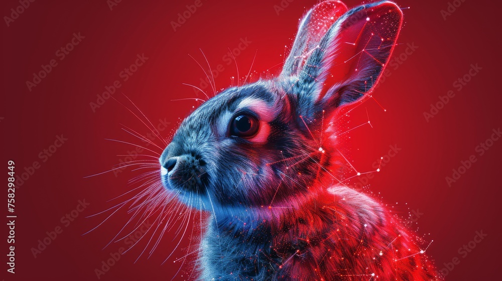 Poster a close up of a rabbit's face on a red background with lines and dots coming out of it.