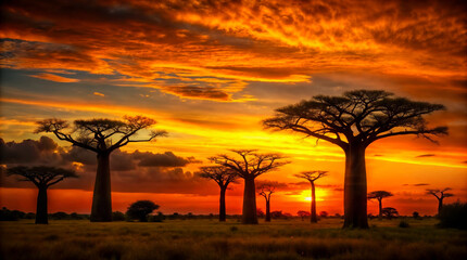 A breathtaking Madagascar sunset with baobab trees. Ideal for travel brochures, inspirational...