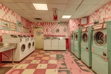 View inside a laundromat room with vintage decor and washing machines.