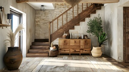 Boho interior design of modern entrance hall with wooden staircase and rustic decor pieces, handcrafted wooden furniture under the stair, welcoming hallway on vintage stone wall background.
