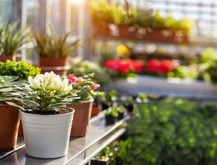 Fototapeta na wymiar greenhouse, sunny day, macro photography, place for text, flower pots on the windowsill