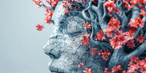 stone face with flowers 3d design 