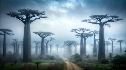 Gordijnen A misty morning among baobab trees creates a mystical ambiance. Perfect for travel posters, atmospheric travel content, and creating a sense of mystery in African-themed designs.  © Olga