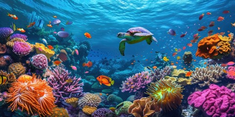 Naklejka na ściany i meble A sea turtle glides through the clear blue waters of a coral reef teeming with colorful marine life and diverse coral formations. Resplendent.