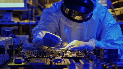 Technician in clean suit working on electronics in a lab.