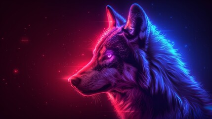 a close up of a wolf's head on a red, blue, and pink background with stars in the background.