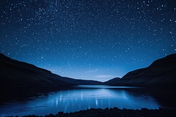A stunning view of the night sky filled with sparkling stars that illuminates the serene lake, Sky full of stars over a tranquil lake, AI Generated