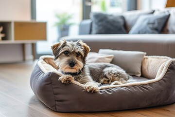 Fototapeta na wymiar Adorable dog lying on soft dog bed in home interior