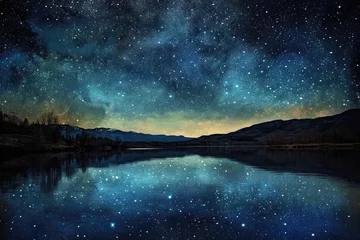 Acrylic prints Reflection The night sky is beautifully reflected in the still waters, creating a mesmerizing and serene view, Sky full of stars over a tranquil lake, AI Generated