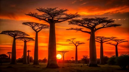 Rolgordijnen Fiery sunset ignites the sky behind majestic baobab silhouettes. Ideal for travel posters, travel inspiration backgrounds and wall arts and adding a touch of African adventure to designs.  © Olga