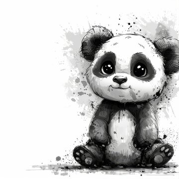 a black and white drawing of a panda bear with a black and white paint splattered on it's face.