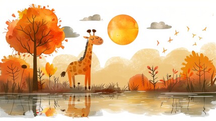 a painting of a giraffe standing next to a body of water with trees and birds in the background.