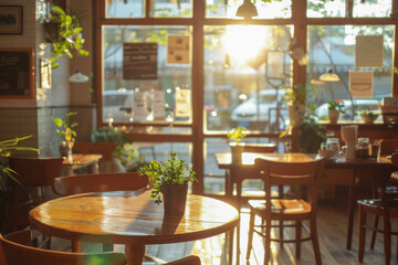 Fototapeta na wymiar Welcoming ambiance of a coffee shop as the morning sun casts a warm glow, inviting for start of a day with a cup of freshly brewed coffee