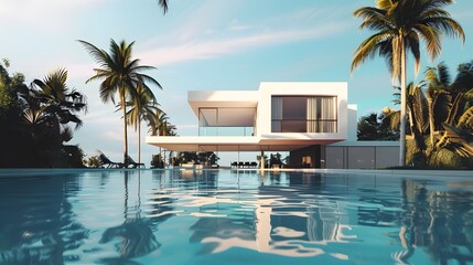 Exterior of amazing modern minimalist cubic villa with large swimming pool among palm trees. 