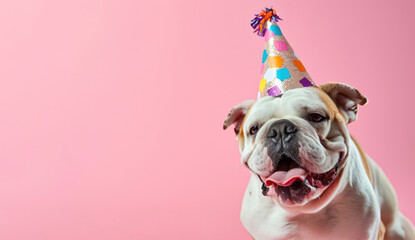 French Bulldog Dressed Up for Birthday Party, Pink Background, Dogs Products Advertising Concept