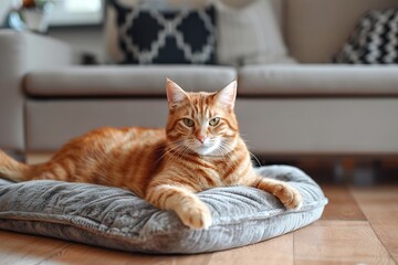 Cute red cat lying on soft dog bed in home interior