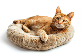 Naklejka premium Cute red cat lying on soft dog bed on white background