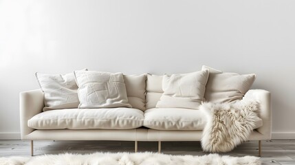 Fototapeta na wymiar Fur rug near ivory sofa with furry fluffy pillows against white wall with copy space. Scandinavian, hygge home interior design of modern living room.