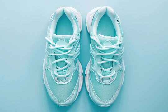 Top view of pair of modern sport shoes on blue background