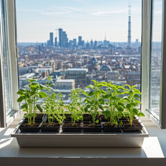 Seedlings on a windowsill in a big city