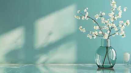 Glass vase with  blossoms flowers twigs on glass table near empty, blank turquoise wall. Home...
