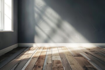 Wooden floor with grey wall in room with sunlight through the window