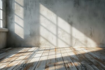 Wooden floor with grey wall in room with sunlight through the window