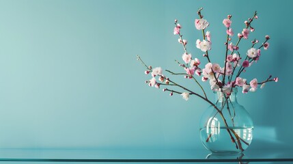 Glass vase with  blossoms flowers twigs on glass table near empty, blank turquoise wall. Home interior background with copy space.