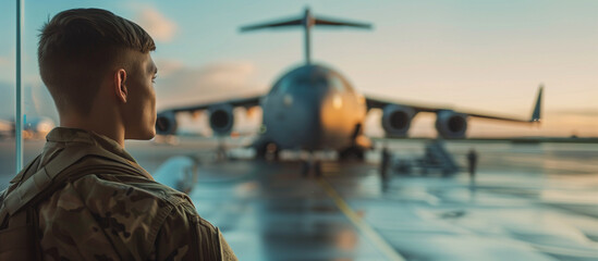 A soldier standing inside an airport terminal waiting for flight ,deployment refers to activities required to move military personnel and materials from a home installation to a specified destination - obrazy, fototapety, plakaty