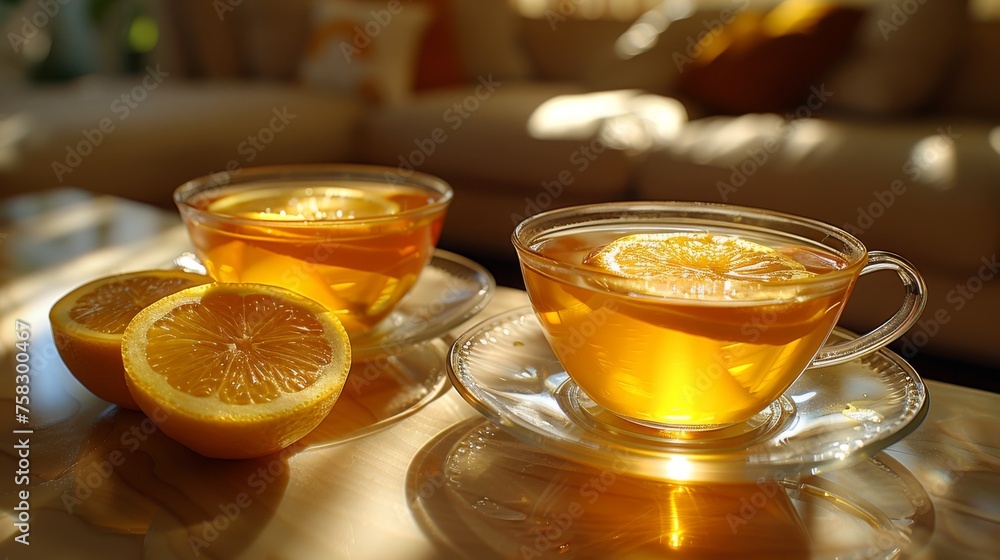 Poster a cup of tea with a slice of lemon on a saucer and another cup of tea with a slice of lemon on a sau
