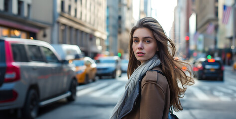 young attractive woman walks across the street in a big city and looks into the camera - Lifestyle and Fashion - 758300411