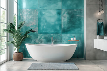 Modern luxury bathroom with free-standing bathtub and plant and large tiles  - 758300428