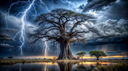 Foto auf Acrylglas Powerful lightning illuminates alone baobab tree against a stormy sky, ideal for book covers, mystical scenes and creating a sense of raw power in design projects. © Olga